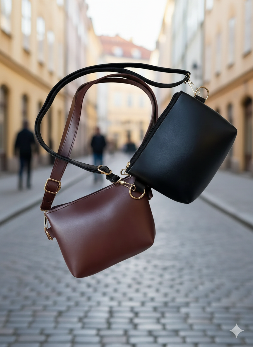 Classic Brown and Black Vegan Leather Handbag Set