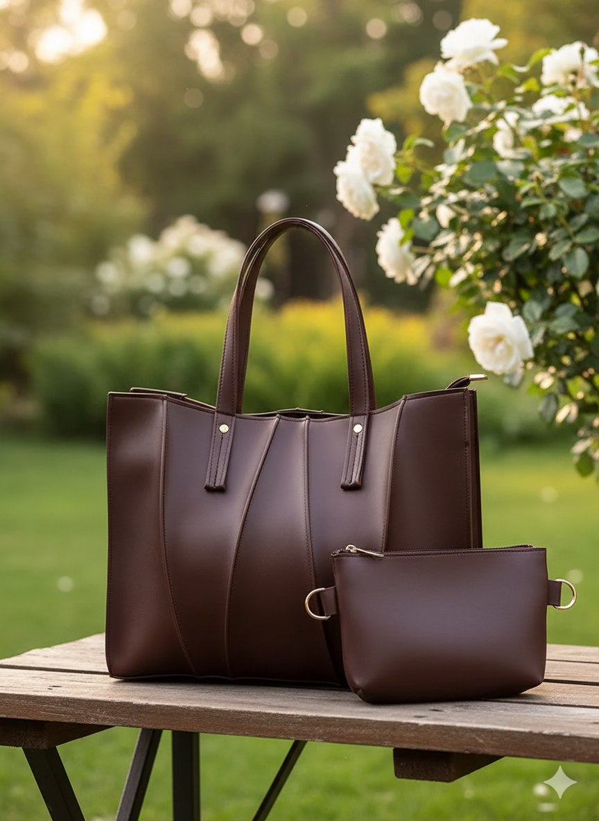 Classic Brown and Black Vegan Leather Handbag Set