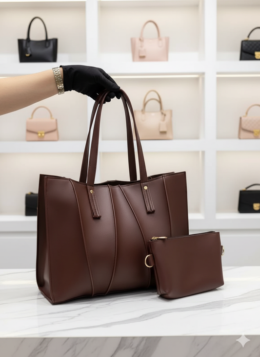 Classic Brown and Black Vegan Leather Handbag Set