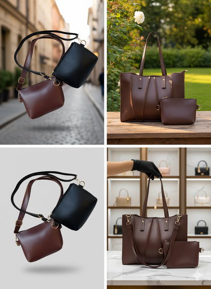 Classic Brown and Black Vegan Leather Handbag Set